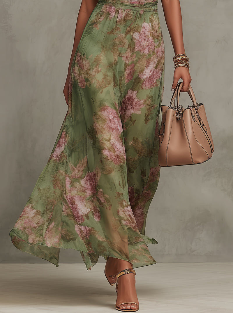 Elena | Maxi Halterjurk met Romantische Bloemenprint