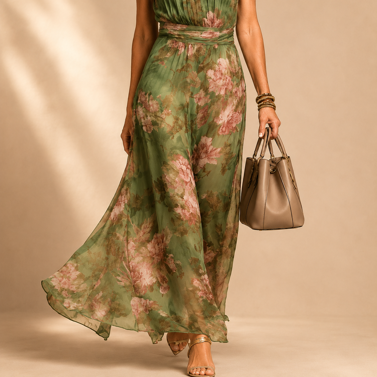 Elena | Maxi Halterjurk met Romantische Bloemenprint