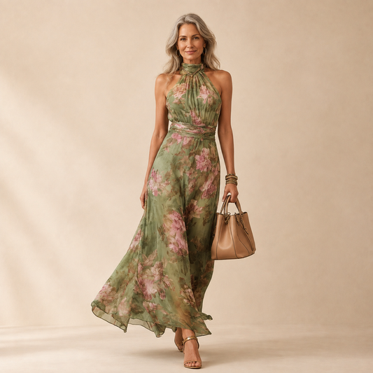 Elena | Maxi Halterjurk met Romantische Bloemenprint