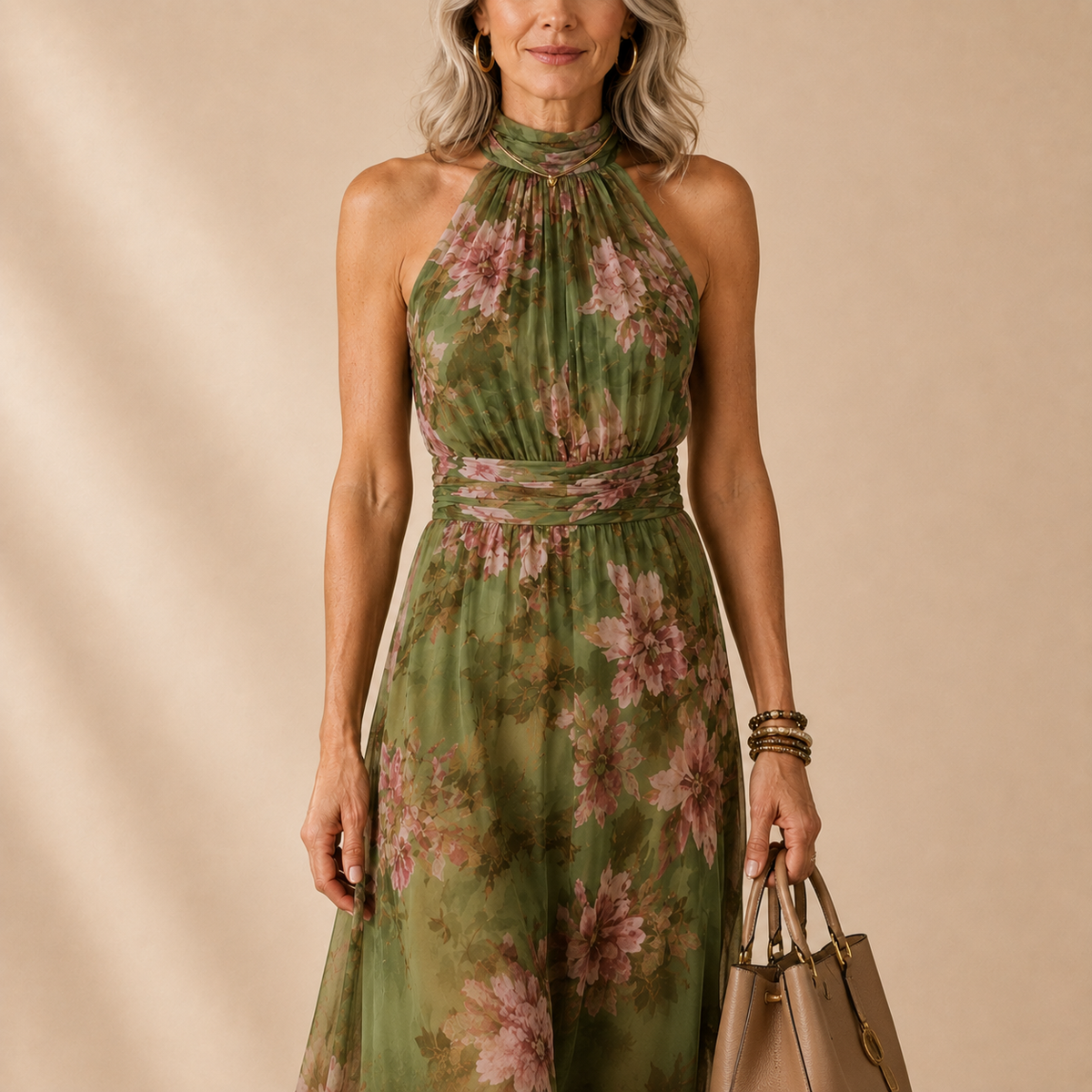 Elena | Maxi Halterjurk met Romantische Bloemenprint