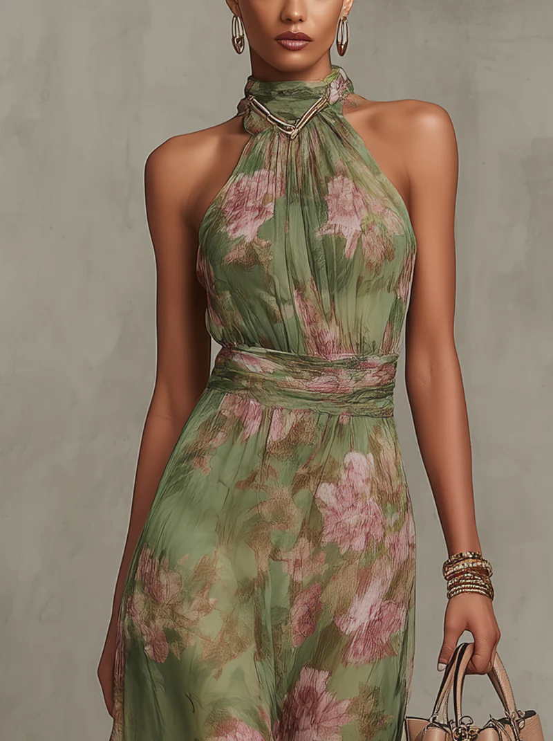 Elena | Maxi Halterjurk met Romantische Bloemenprint