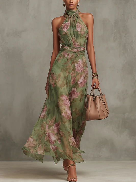 Elena | Maxi Halterjurk met Romantische Bloemenprint