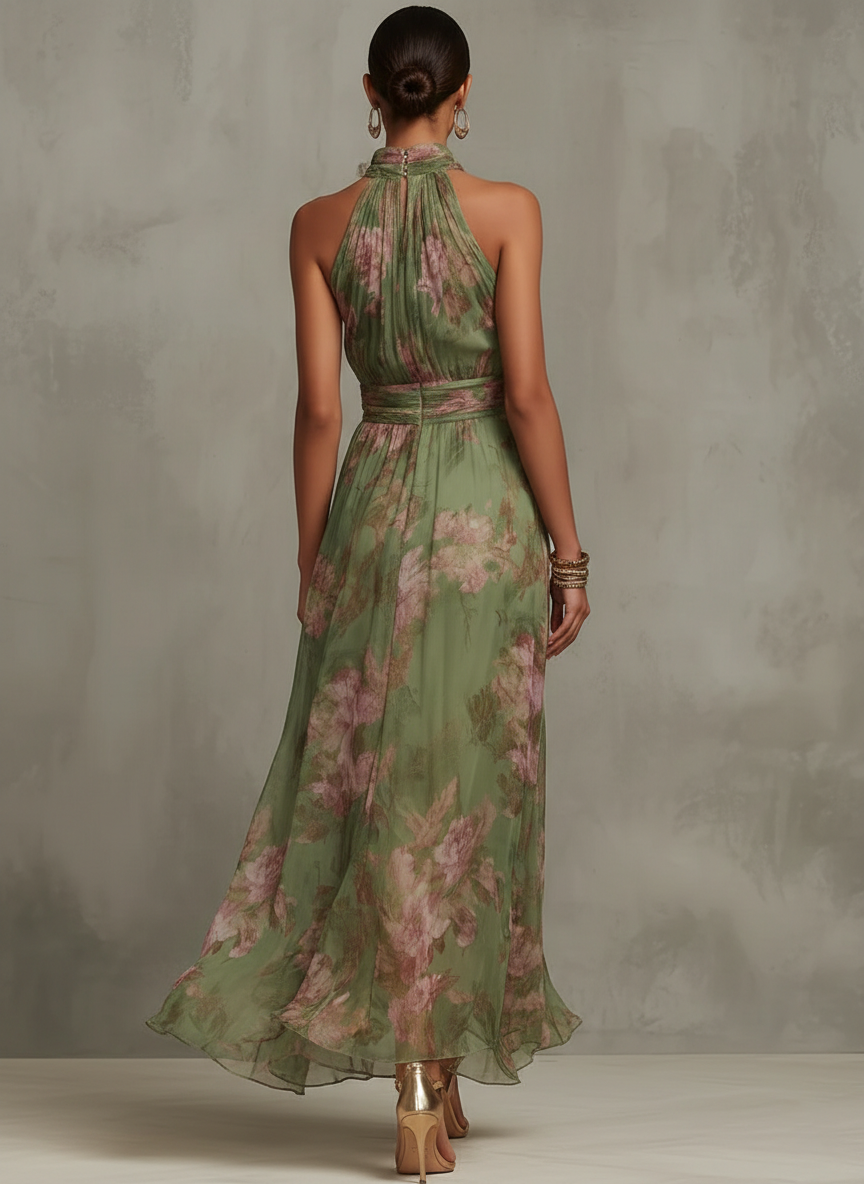 Elena | Maxi Halterjurk met Romantische Bloemenprint
